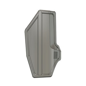 May include: A gray, geometrically shaped shield with a rectangular panel and a series of small, rectangular cutouts on the side.