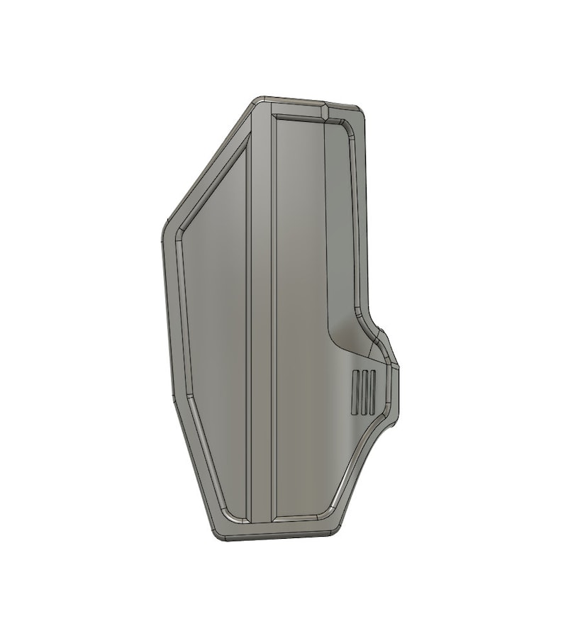 May include: A gray, geometrically shaped shield with a rectangular panel and a series of small, rectangular cutouts on the side.