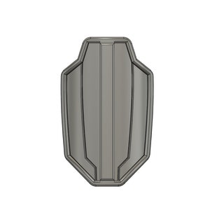 May include: A gray, geometrically shaped shield with a raised center section and a textured surface.