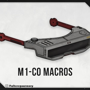 Puede incluir: Un auricular futurista gris y rojo con una pantalla negra y el texto "M1-CO MACROS".