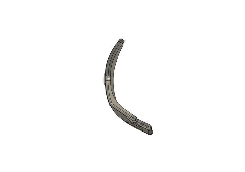May include: A silver metal part with a curved shape. The part is made of metal and has a smooth surface.
