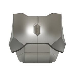 Puede incluir: Un modelo 3D de una placa de pecho de color plateado con un dise&ntilde;o geom&eacute;trico. La placa de pecho tiene un panel central en forma de diamante en relieve.