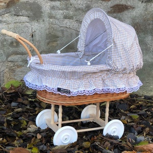 Bukora® Puppenwagen aus Weide geflochten, Stoff Olivegrau kariert...sehr stabil