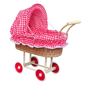 Bukora® basket doll&#39;s pram Red White checkered and wooden handle... extra stable...