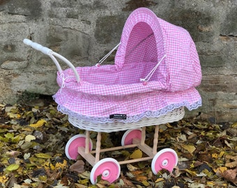 Bukora® Puppenwagen aus Korb Weiß lackiert, Stoff Rosa fein kariert.....sehr stabil