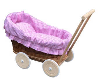 Bukora® Korbpuppenwagen aus Weide Rosa kariert "Modell Emily"