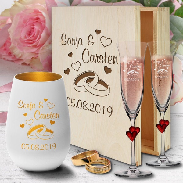 personalisierte Geschenkbox zur Hochzeit Sektgläser Herzen rot und Windlicht - Ringe