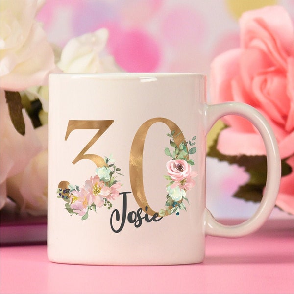 personalisierte Tasse mit Zahlen Floral gold - Wunschname oder Wunschtext Geschenk Geburtstag