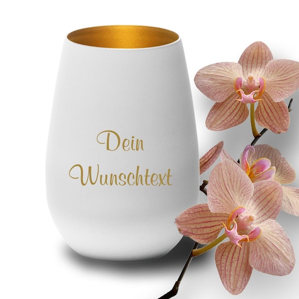 Windlicht mit Gravur weiss-gold mit Deinem Wunschtext