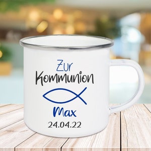 Gift idea for communion - small gifts cup enamel with fish symbol and desired name