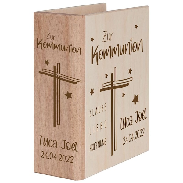 Gift for Communion - Money Box Savings Book Wood with Cross Motif - Money Gifts - Personal Gift - Gift Ideas