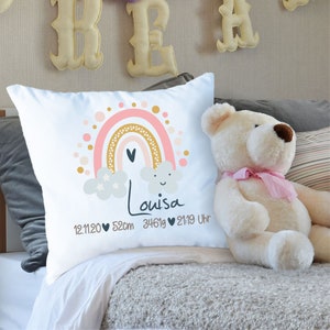 Pillow with name for birth Rainbow Girl - Wish name and dates of birth