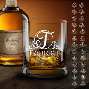 Whiskey glass with engraved monogram A to Z