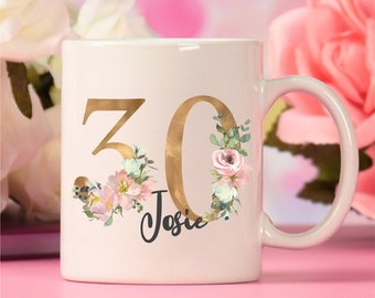 personalisierte Tasse mit Zahlen Floral gold - Wunschname oder Wunschtext Geschenk Geburtstag