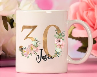 personalized mug with numbers floral gold - desired name or text gift birthday