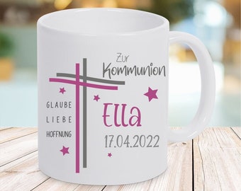 Tasse zur Kommunion-Kreuz - mit Wunschnamen und Datum für Mädchen