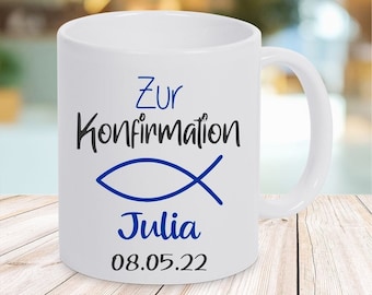 Geschenk zur Konfirmation Tasse Fisch mit Namen und Symbolen