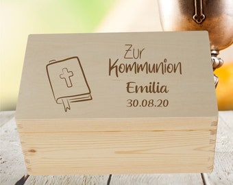 Erinnerungskiste Kommunion Gesangbuch, Erinnerungsbox mit Namen, Holzkiste zur Kommunion, Holzbox, Andenken