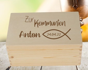 Erinnerungskiste zur Kommunion Fisch, Erinnerungsbox mit Namen, Holzkiste zur Kommunion, Holzbox, Andenken