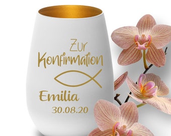 Konfirmation Geschenk Windlicht mit Gravur weiss-gold Symbol Fisch - Wunschnamen und Wunschdatum