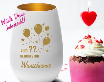 Personalisiertes Windlicht weiss-gold zum Geburtstag- Luftballons mit Wunschjahr und Wunschnamen
