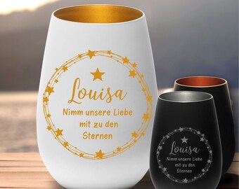May include: Two white and black glass tumblers with gold and silver rims. Both tumblers have a gold star and the name "Louisa" with the text "Nimm unsere Liebe mit zu den Sternen" in a circle of gold stars.