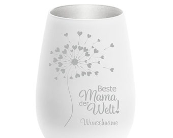 personalisiertes Windlicht mit Gravur "Beste Mama" weiss-silber - mit Pusteblume und Wunschnamen