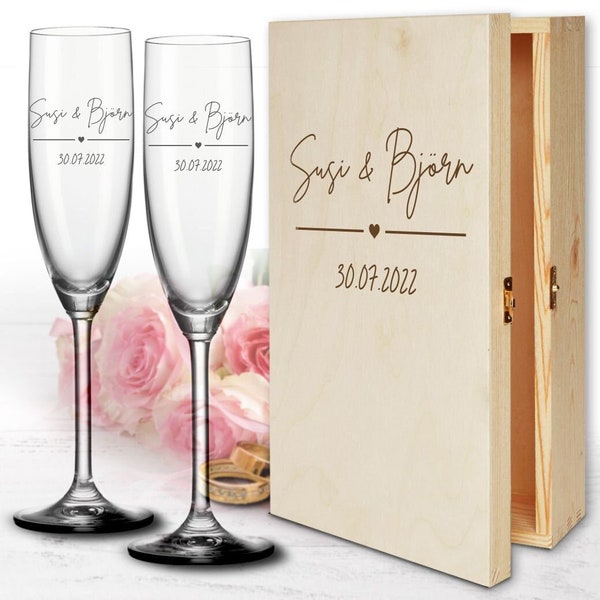 Hochzeitsgläser mit Gravur Zierlinie mit Namen und Datum Geschenkset zur Hochzeit optional mit Holzbox Holzkiste