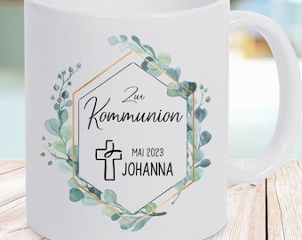 Geschenk zur Kommunion- Tasse Eukalyptus mit Wunschnamen und Datum