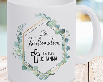 Geschenk zur Konfirmation - Tasse Eukalyptus mit Wunschnamen und Datum