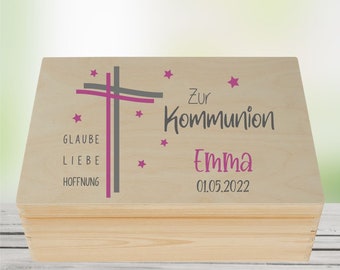 Erinnerungskiste Kommunion personalisiert -Kreuz - mit Namen und Datum für Mädchen - Holzkiste Geschenkidee 1. heilige Kommunion