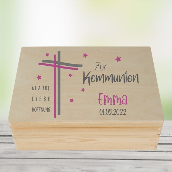 Erinnerungskiste Kommunion personalisiert -Kreuz - mit Namen und Datum für Mädchen - Holzkiste Geschenkidee 1. heilige Kommunion