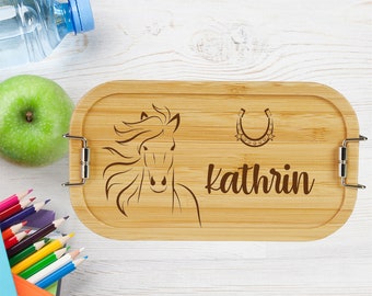 Lunchbox Pferd Hufeisen mit Namen Geschenk Einschulung Kindergarten Weihnachten Brotdose Bambus Metall