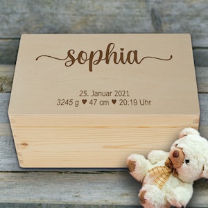 Erinnerungskiste Baby, Erinnerungsbox mit Namen, Holzkiste zur Geburt,  Geschenk Geburt für Erinnerungen mit Wunschnamen und Geburtsdaten