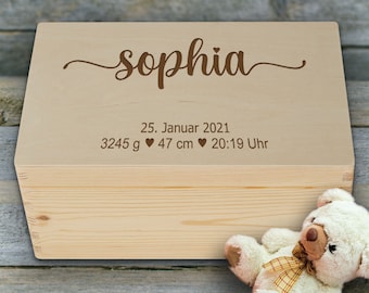 Erinnerungskiste Baby, Erinnerungsbox mit Namen, Holzkiste zur Geburt,  Geschenk Geburt für Erinnerungen mit Wunschnamen und Geburtsdaten