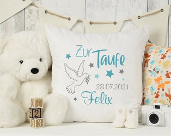 Kissen zur Taufe mit Taufdatum und Namen für Jungen Taube und Sterne Geschenkidee Taufgeschenk