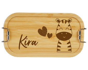 Kinderbrotdose Motiv Zebra Lunchbox Metall Holzdeckel Bambus Geschenk Einschulung Kindergarten