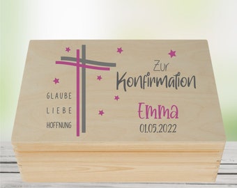 personalisierte Erinnerungskiste Konfirmation mit Namen und Datum - Holzkiste Geschenkidee Konfirmand/in