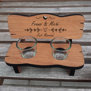 Wedding schnapps bench with heart motif including glasses and name engraving - personalized gifts for the bride and groom