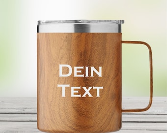 personalisierter Thermobecher Thermotasse Holz-Optik Wunschgravur Schiebedeckel