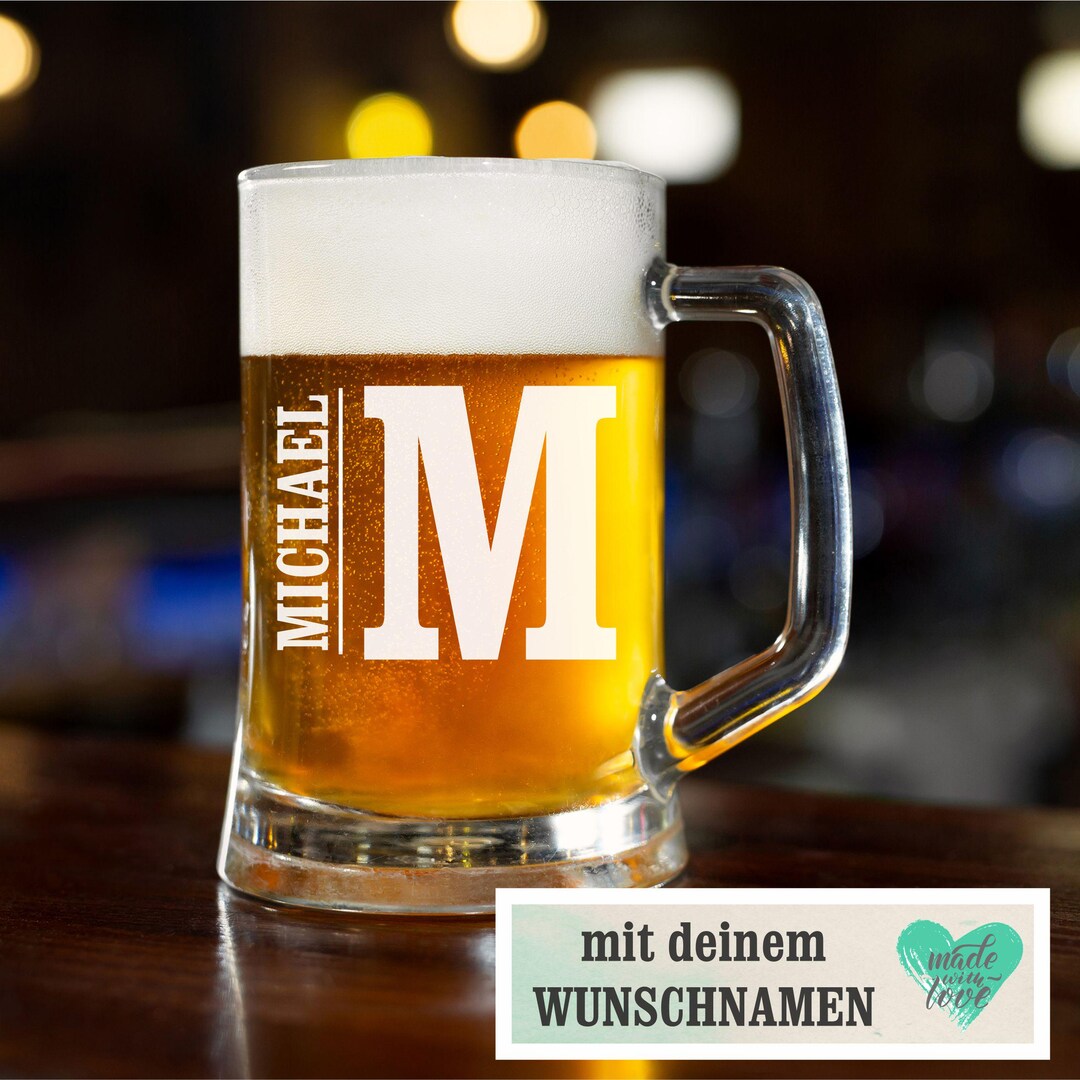 Bierkrug mit Gravur Bierglas Wunschnamen - Männergeschenk Geschenk Geburtstag Weihnachten Papa Opa Freunde Modern - Buchstaben