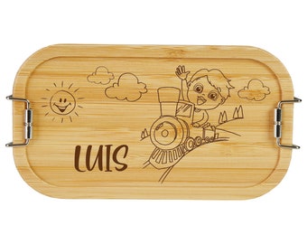 personalisierte Brotdose Kinder Lunchbox bambus Eisenbahn mit Deinem Wunschnamen