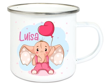 personalisierte Emaille Kindertasse mit Deinem Wunschnamen Elefant Luftballon Herz