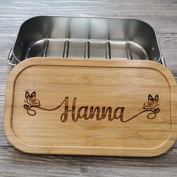 personalisierte Brotdose für Kinder Namen Schmetterling Lunchbox Metall Holzdeckel Geschenk Einschulung Kindergarten