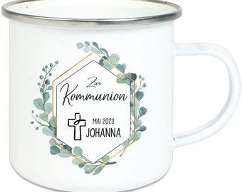 Geschenk zur Kommunion- Emaille-Tasse Eukalyptus mit Wunschnamen und Datum