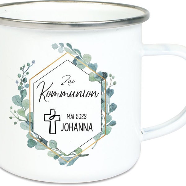 Geschenk zur Kommunion- Emaille-Tasse Eukalyptus mit Wunschnamen und Datum