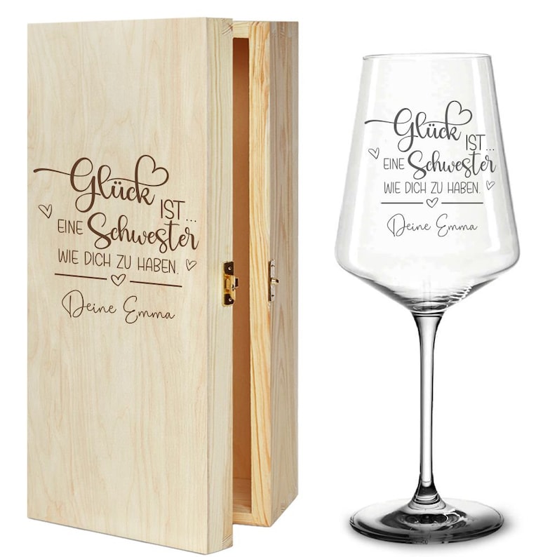 Glück ist eine Schwester wie dich zu haben Weinglas optional mit Kiste und Wunschnamen Geschenk Geburtstag Weihnachten Beste Schwestern Glas + Kiste