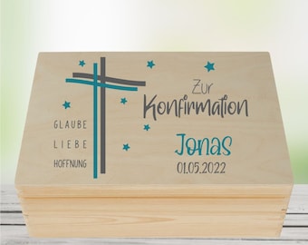 Erinnerungskiste Konfirmation personalisiert -Kreuz - mit Namen und Datum für Jungen - Holzkiste Geschenkidee Aufbewahrungskiste