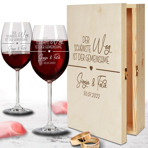 Weingläser zur Hochzeit -der schönste Weg optional in Holzkiste Geschenk-Set Leonardo mit Gravur Hochzeitsgeschenk