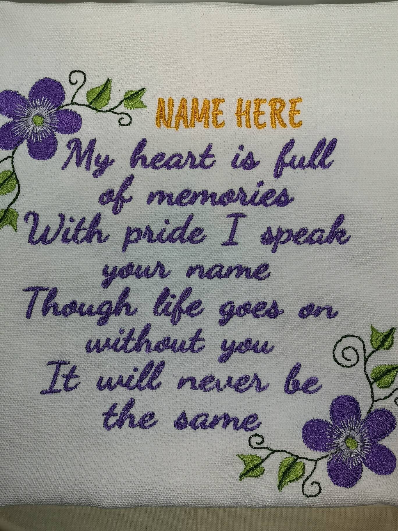 Embroidered Memory Cushion Cover Poem. Personalized With a Name of Your
